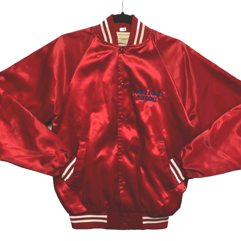 Vintage  Auburn Bomber Jacket Mens S Red Shiny USA Armed Forces Softball Lined